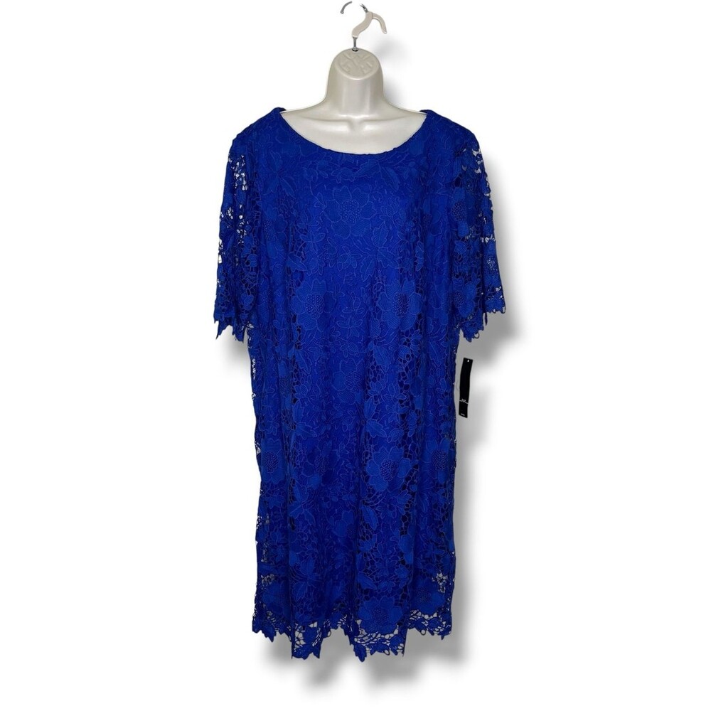 NWT R&K Cobalt Blue Floral Lace Shift Dress Short Sleeve Cocktail Wedding 22W